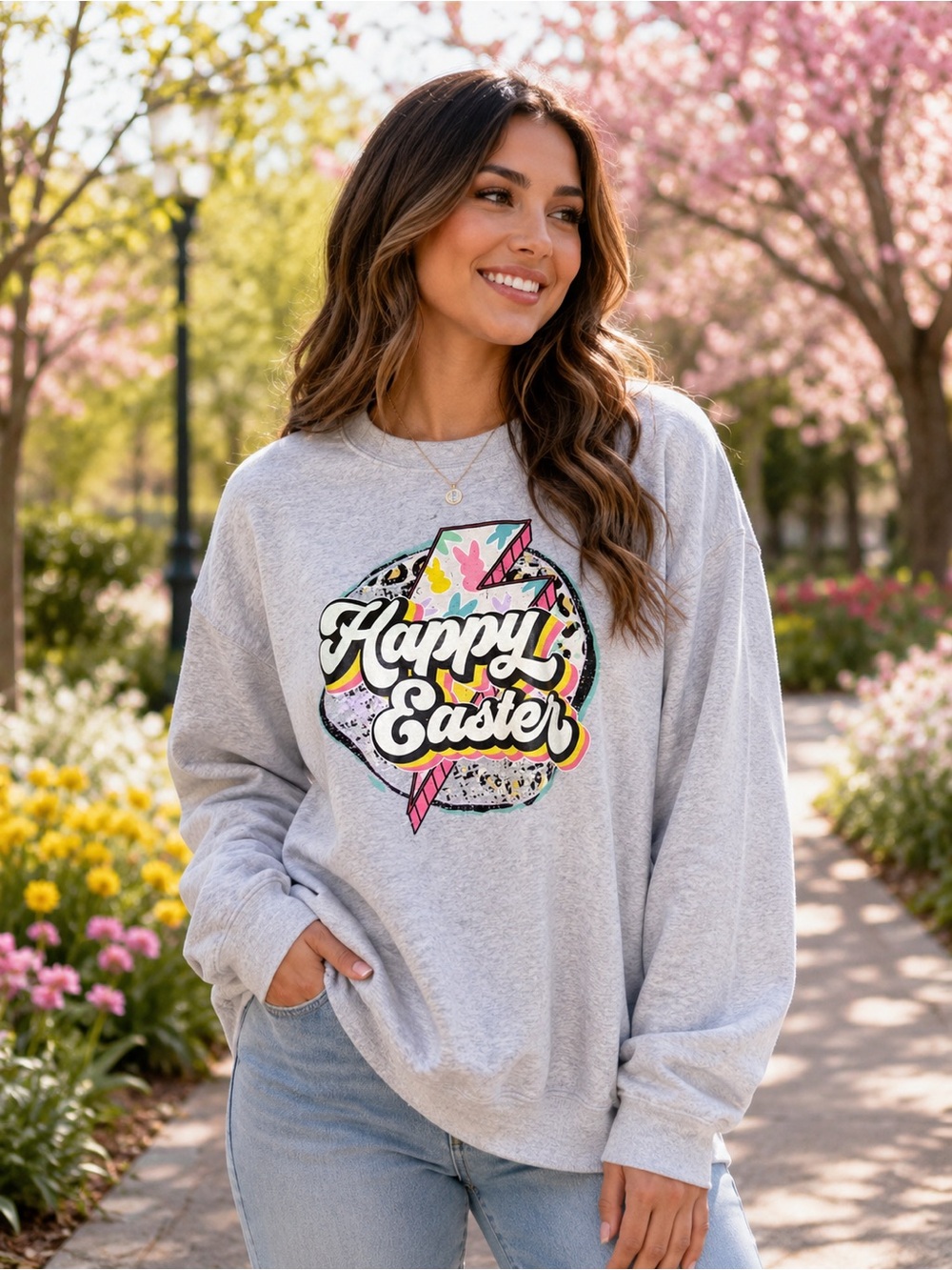 NWOT Happy Easter Graphic Crewneck Sweater - Light Gray